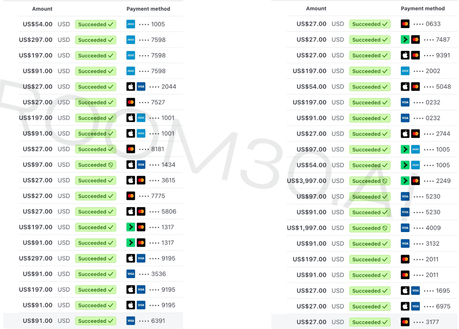 Stripe transactions ledger - succeeded payments split view