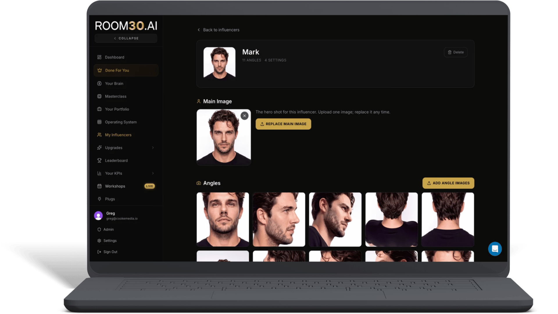Custom AI influencer profile inside the Room30.ai portal