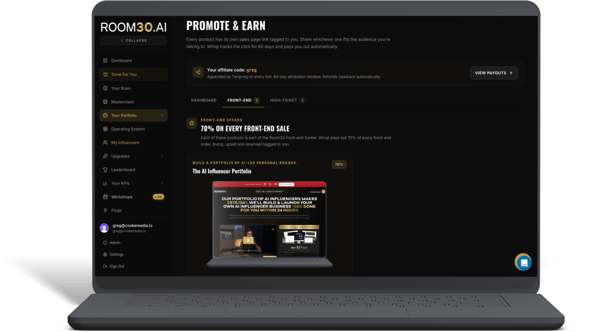 Room30.ai product portfolio - approved DFY offers with one-click links